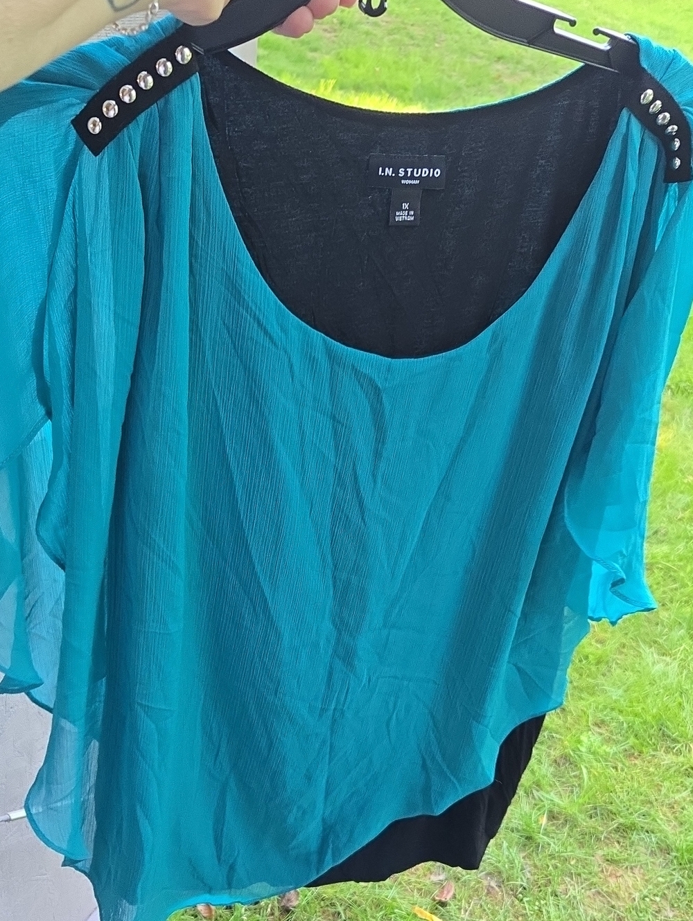 I.N. Studio Teal Overlay Flutter Sleeve Tunic